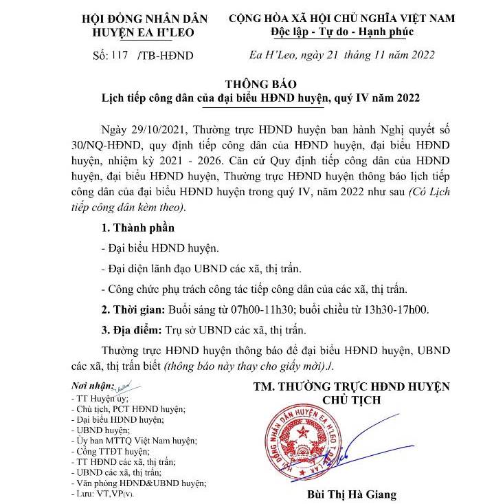 Thông báo Lịch tiếp công dân của đại biểu HĐND huyện, quý IV năm 2022